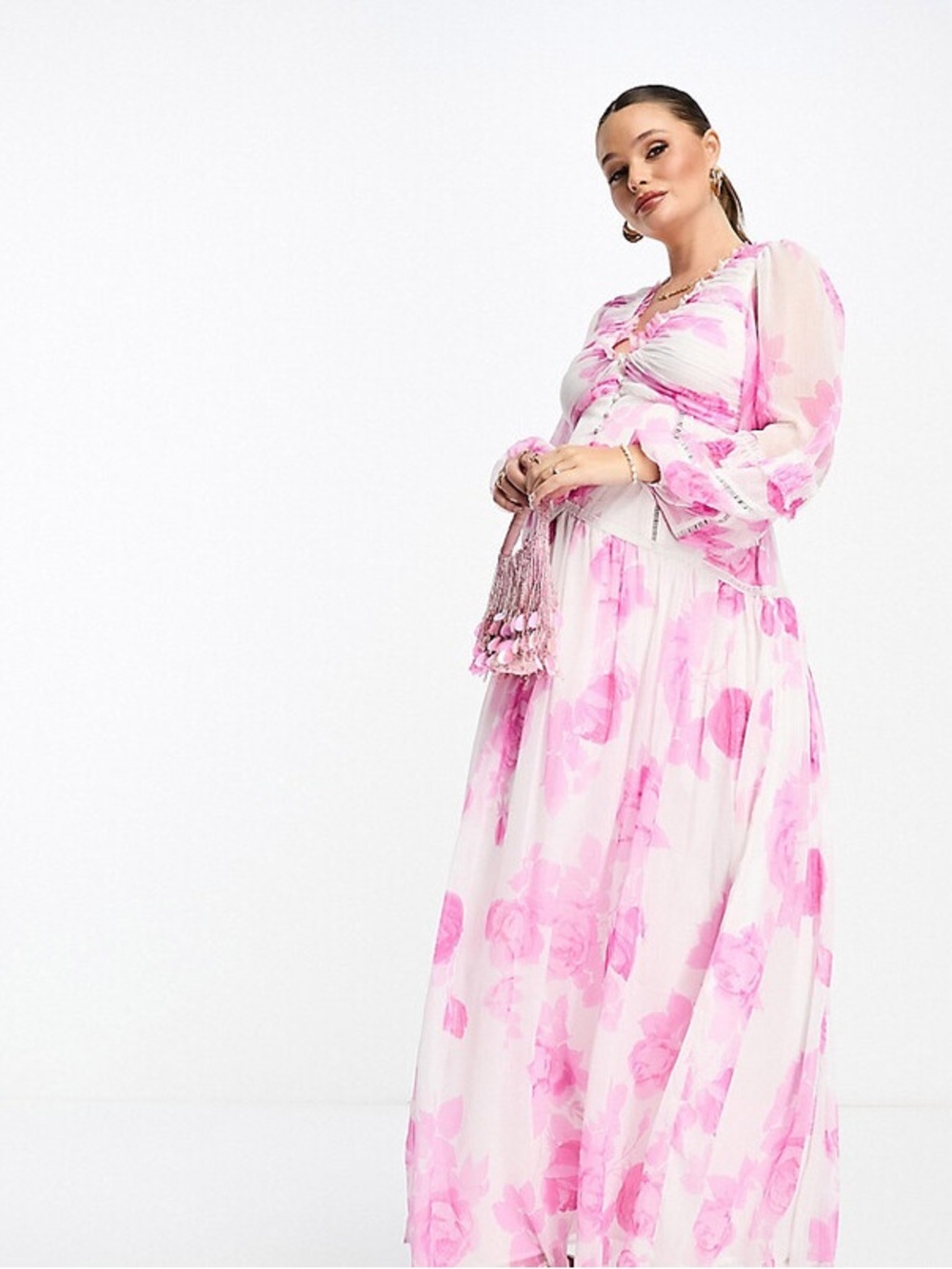ASOS Maternity Pink Floral Maxi Dress with Sheer Sleeves